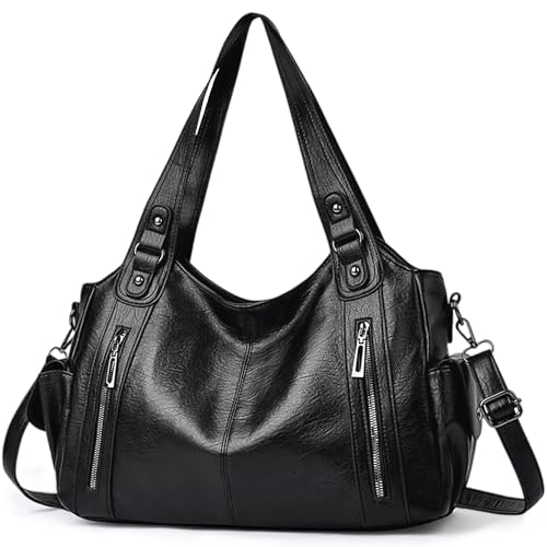 Mabecol Große Damen Shopper Tasche PU Leder Handtasche Umhängetasche Tote Bag im Vintage Stil Schultertasche für Alltag Arbeit Reisen Shopping (Schwarz)