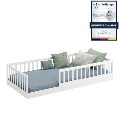 CADANI Timi Bodenbett 90x200 cm, bis 200 kg belastbar, Rausfallschutz abnehmbar, Montessori Kinderbett aus Kiefer Massivholz inkl. Roll-Lattenrost, Weiss