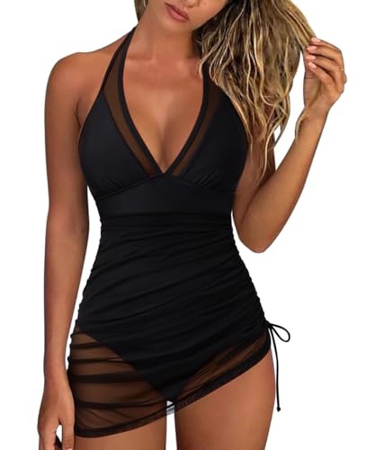 DOULAFASS Mesh Sheer Badeanzug Damen Sexy V-Ausschnitt Badekleid Push up Badeanzüge Bauchweg Shape Bademode