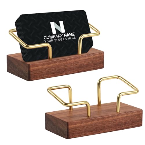 Dengthrive Visitenkartenhalter Holz: 2 Stück Visitenkartenständer Hergestellt aus Natürlichem Walnussholz und Hochwertigem Messing Klassisches Design Geeignet für Büros, Hotels, Restaurants