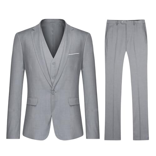 Herren Anzug Regular Fit Business Anzüge 3-Teilig Anzugjacke Anzughose Weste Grau XXX-Large