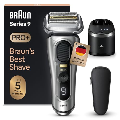 Braun Series 9 Pro+ Rasierer Herren Elektrisch, Elektrorasierer mit 5 Pro Rasierelementen, Rasierapparat ProTrimmer & Reinigungsstation, 60 Min Laufzeit, Made in Germany, 9567cc, Silber