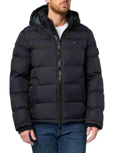 Tommy Hilfiger Herren Hooded Puffer Jacket Daunenalternative Oberbekleidung, Schwarz, L