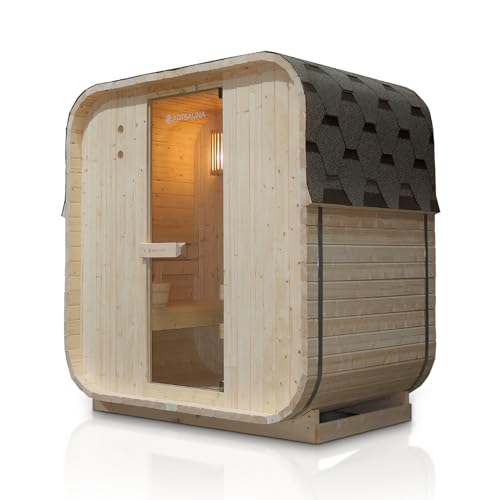 Artsauna Fasssauna Nolvik M, Outdoor-Sauna aus Fichtenholz, 3,6 kW Ofen, LED, Komplettset mit Sanduhr, Eimer & Thermometer, Winterfest, Cube Design