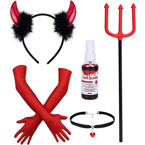 PAPU Teufel Kostüm Damen,5er Teufelshörner Handschuhe Dreizack,Kunstblut Spray Gothic Halskette Set,Teufel Accessoires Damen Mädchen Devil Costume Haarreif Teufelskostüm für Halloween Karneval (Rot)