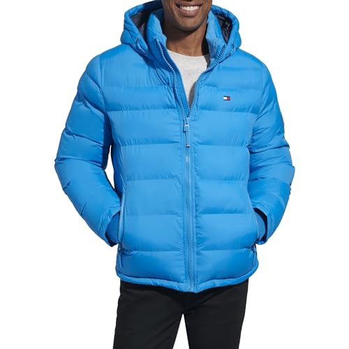 Tommy Hilfiger Herren Pufferjacke mit Kapuze (Standard und Big & Tall) Daunenalternativer Mantel, Helles Blau, XL