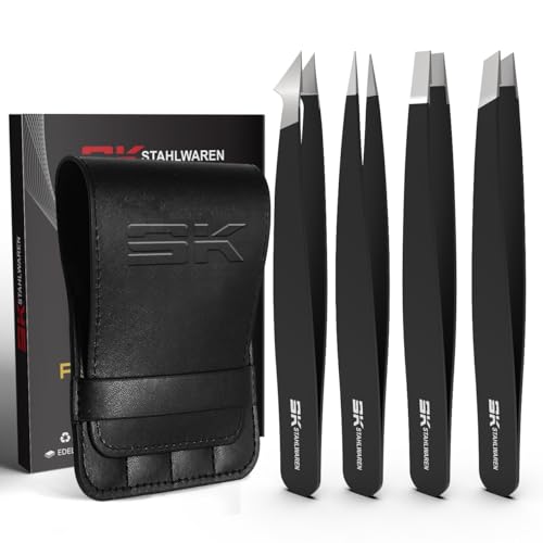 SK STAHLWAREN Pinzetten-Set 4-teilig – Professionelle Profi Präzisionspinzetten aus hochwertigem Edelstahl – Spitzpinzette für eingewachsene Haare, Barthaare, Wimpern & Augenbrauen – inkl. Etui
