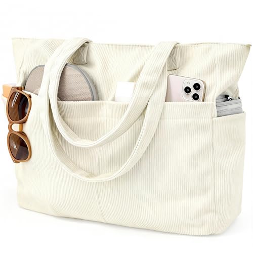 beifon Cord Strandtasche xxl Familie 25L mit Reißverschluss, Groß Tote Bag Damen, Shopper Tasche Badetasche, Laptoptasche mit 17 Zoll Laptopfach, Reisetasche Handtasche Umhängetasche Arbeitstasche