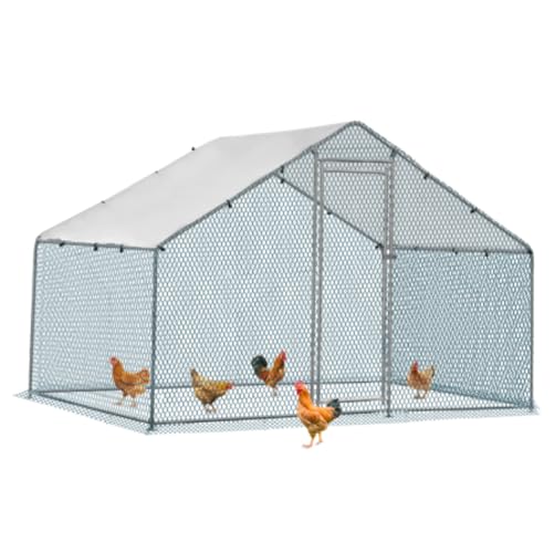 LEADZM Hühnerstall, 3x2x2 m freilaufgehege hühner, 6 m² Großes Hühnergehege mit Wasserdichtetem PE, aus verzinktem Stahl, Spitzdach