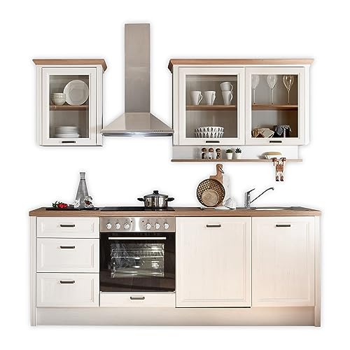 JASMIN Moderne Küchenzeile ohne Elektrogeräte in Pinie hell, Artisan Eiche Optik - Geräumige Einbauküche im Landhausstil - 235 x 216,5 x 60 cm (B/H/T)