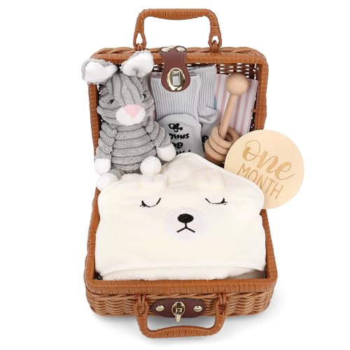 Neugeborenen Geschenk Baby Geburt Geschenk Personalisiert Jungen und Mädchen Neugeborenen Geschenk Set Babydecken, Holzspielzeug, Plüschtiere, Grußkarten, Geburtskarten, Socken, Geschenkboxen Körbe