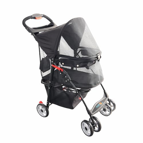 FOURPAW Vollfenster Haustier-Kinderwagen mit Schloss, 4 Räder für Katzen und Hunde, mit Aufbewahrungskorb, Getränkehalter, Reise-Welpen-Katzen-Kinderwagen