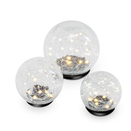 Esotec Solar Leuchtkugelset Golden Balls, 3er Set, Echtglas Crackle Bruchglas, LED-Leuchtkugel, Geschenk, Akku, Kugelleuchte, Solarleuchte, Gartenkugel, Solarkugel, wetterfest IP44, outdoor, 102088