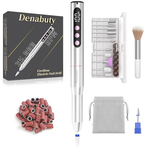 Denabuty Nagelfräser Kabellos 35000 U/Min, Elektrische Nagelfeile 12 in 1 Fräser Nägel Professionell Nail Drill, Nagelfräser für Gelnägel, für Semi Permanent und Acrylnägel, Maniküre Pediküre Silber