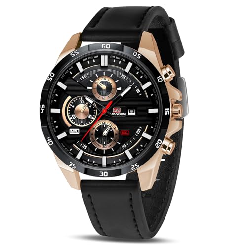 OFFCUP Herren Uhr Männer Analog Quarz Chronograph Braun Leder larmband, Armbanduhren Herren mit Datum, Uhren Mode Casual Business Uhr für Klassische Elegantes Geschenk -Schwarz