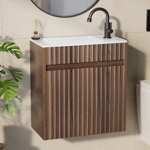 Bonnlo Waschbecken mit Unterschrank Waschtisch mit Unterschrank Waschbeckenunterschrank Hängend mit Waschenbecken Wasserdicht Badmöbel Set mit Waschbecken 2 Teilig Modern, 46 x 26 x 51cm Nussbaumfarbe