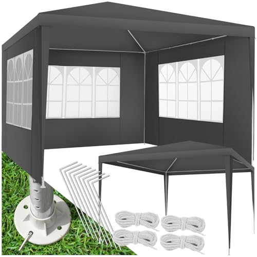 tectake® Pavillon 3x3 m mit verstärktem Gestell, Zelt groß, wasserdicht, Gartenpavillon, Partyzelt, Event Shelter, Festzelt, Gartenpavillon 3x3 m mit 3 Seitenwänden mit Fenstern, inkl. Heringe - grau