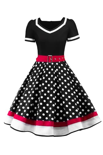 AXOE Damen 50er Jahre Kleider Rockabilly Vintage Festliches mit Abnehmbarer Gürtel A LinieSchwarz Weiß Gepunktet, Gr.40, L