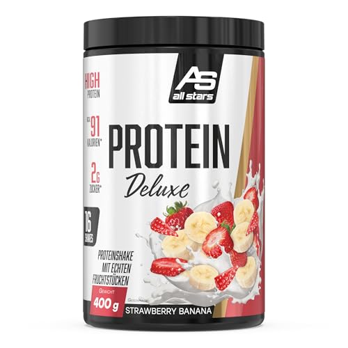 ALL STARS Protein Deluxe Whey Proteinpulver 400g Strawberry Banana mit Fruchtstückchen - Leckerer Shake mit ca. 76% Eiweiß, 4 hochwertige Protein-Komponenten