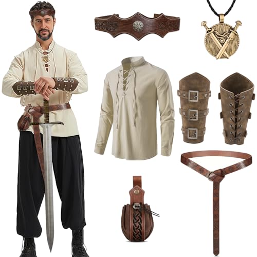 LIEOLGOH Mittelalter Hemd Viking Kostüm Herren Set, Renaissance Viktorian wikinger kostüm mit Herren Mittelalterliches Piratenhemd,Gürtel,Handgelenkschützer,Seitentasche,Kopfschmuck,Halsketten (XL)