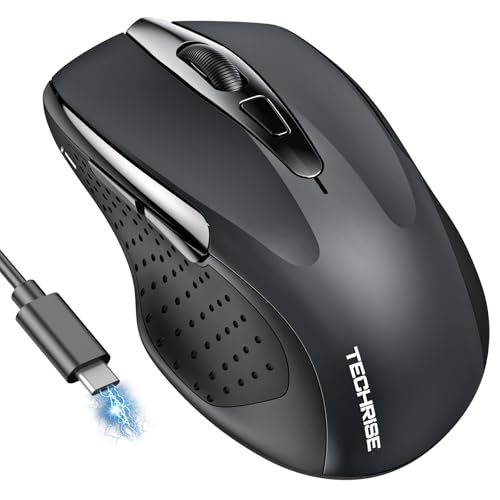 TechRise Bluetooth Maus, 2.4G Maus Kabellos (BT 5.0/3.0 + 2.4G) 4800 DPI Wiederaufladbare Ergonomische Mouse mit USB-A Empfänger, 6 Stufen DPI Stille Funkmaus für Laptops, Computer, PC, Windows, Grau
