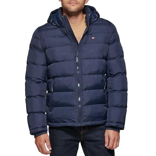 Tommy Hilfiger Herren Puffer Jacke mit Kapuze, Mitternacht/Ausflug, einfarbig (Midnight//Getaway Solids), L