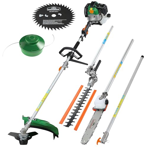 GARDEBRUK® Benzin Motorsense Freischneider 5 in 1 Heckenschere Rasentrimmer Hochentaster 2 PS Tragegurt verstellbar 1m Verlängerung