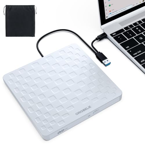 ORIGBELIE Externes DVD Laufwerk, Ultradünn 13mm Externer DVD Brenner, USB 3.0 Typ-C CD DVD +/-RW Drive, Plug & Play Externes CD Laufwerk für Laptop PC Windows 11/10/8/7/XP/Vista Linux Mac OS, Weiß