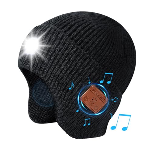 Musik-Beanie-Mütze mit Lichtern, kabellos, Bluetooth 5.3, LED-Beanie-Mütze, erweitertes Ohrenschutz-Design, eingebauter Stereo-Lautsprecher und Mikrofon, Stirnlampe, Kopfhörer, Beanie,