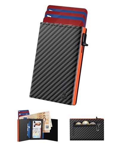 Kartenetui Herren | Geldbörse Herren | Slim Wallet mit Münzfach & ID-Fenster, Pop-Up Smart Magnetischer Wallets for Men, Leder Portmonee Geldbeutel, Kreditkartenetui für 11 Karten, Schwarz & Orange