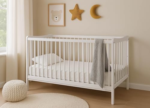 Baby Happy Bliss GRZES Babybett 120x60 cm Weiß, EN 716 geprüft, Kinderbett aus Buchenholz, höhenverstellbarer Lattenrost, 3 herausnehmbare Sprossen