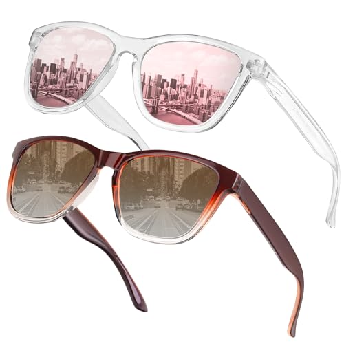 Ulknyss Sonnenbrille Damen Polarisiert Vintage Sonnenbrillen Eckig 2 Set Modern Retro Sunglasses Womens Sonne Brille Frauen mit UV400 Schutz