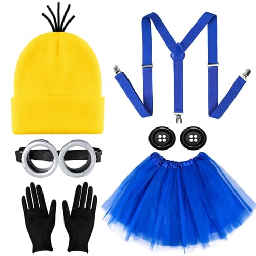 iZoeL Karneval Gelbes Kostüm Damen, Gelb Mütze Tutu Rock Brille Handschuhe Knöpfe Hosenträger Cosplay Kostüm Accessorie, Damen Mädchen Faschingskostüme Halloween Cospaly Mottoparty