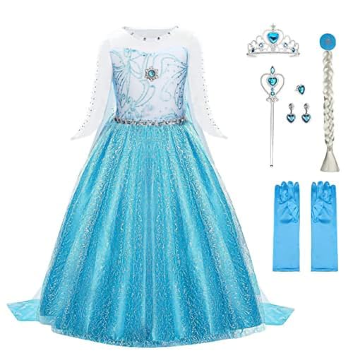 URAQT Mädchen Prinzessin Kostüm, Kinder Kleid 6-teiliges Set mit Krone Diadem Handschuhe Zauberstab usw für Weihnachten Verkleidung Karneval Halloween,110CM