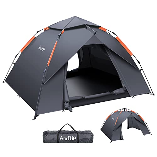 Amflip Campingzelt Automatisches 2 Personen Sofortzelt Pop Up Ultraleichtes Kuppelzelt 4 Jahreszeiten Wasserdicht & Winddicht Campingzelt mit Abnehmbarer Außenplane, Doppelschichten (grau)