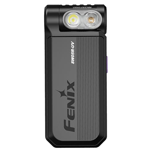fenix SW05R-UV, schwarzes Gehäuse, weiße und UV-LEDs, wiederaufladbare Inspektions- und Sicherheits-Taschenlampe, 150 Lumen, 39 m, max. 49 Stunden, 3-stufiges weißes Licht, 1500 mW UV-Licht, 200 Grad