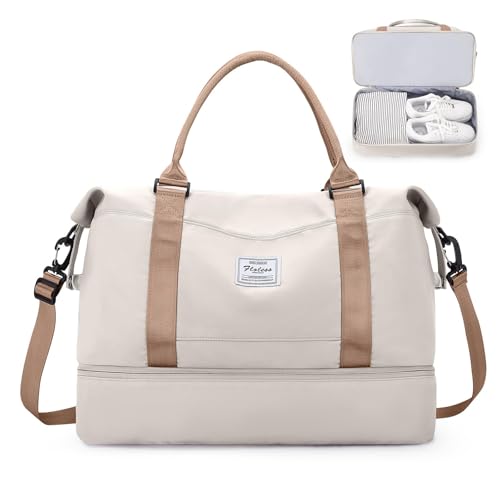 Reisetasche Damen 45x36x20 Easyjet Handgepäck Tasche Sporttasche Weekender Bag Schwimmtasche Wasserdicht Travel Duffle Bag Fitnesstasche Trainingstasche Krankenhaustasche mit Schuhfach,L10-beigebraun