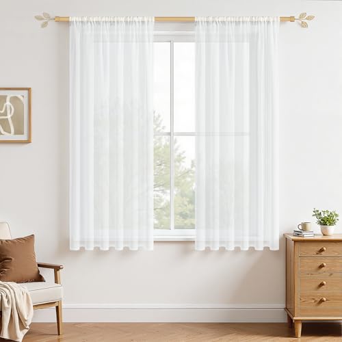 MRTREES Stores Gardine Weiß Wohnzimmer Gardinen modern Schlaufenschal 2er Set 122×140cm (H×B) Vorhänge Leinenoptik halbtransparent Schals Vorhang kurz