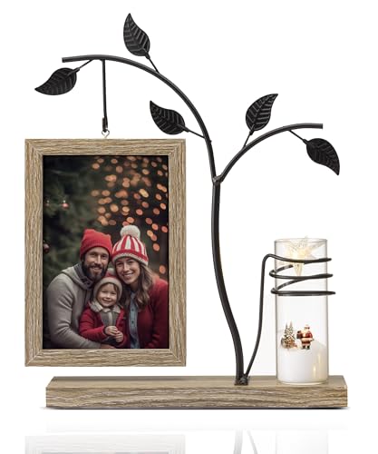 Afuly Bilderrahmen 10x15 Holz Vintage Fotorahmen Natur Braun Picture Frame mit Vase und Metall Baum Tisch Deko Geburtstag Umzug Graduation Hochzeit Geschenke für Frauen Mama Oma Freunde Famili Couple