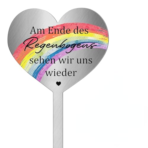 Herz Edelstahl Grabdekoration Grabstein Grabdekoration Wetterfest Grabschmuck Wetterfest Grabschmuck mit Gravur Am Ende des Regenbogens Sehen Wir Uns Wieder Grab Deko Wetterfest Grabstecker, 28cm