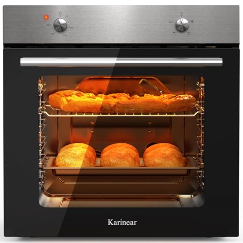Karinear Einbaubackofen 60 cm mit Drehknopfsteuerung, Backofen Einbaugerät 60 x 60 cm mit 4 Programmen, 50-250 °C mit Edelstahlplatte, Einbauofen mit Stecker, 2200W, 65L