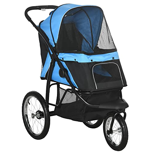 PawHut Hundewagen Hundebuggy klappbar für Hunde & Katzen bis 20 kg Katzenbuggy mit geländegängige Gummiräder Kissen Netzfenstern Türen Katzenwagen mit Aufbewahrungskorb Buggy Blau