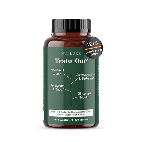 Nullure Testo-One Testosteron¹ Kapseln | Vegan & Ohne Magnesiumstearat | Unabhängig getestet in Deutschland | Ashwagandha + Maca + Tribulus + Bockshornklee + Ginseng + Zink | 120 Stück (2 Monate)