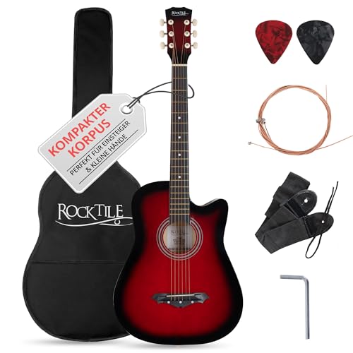 Rocktile WSD-5C-RDB Slim Line Westerngitarren Set - Dreadnought Akustik Gitarre - Westerngitarre mit Korpus aus Linde - Hals: Catalpa - Set inkl. Tasche, Ersatzsaiten, Gurt und Plektren - Redburst