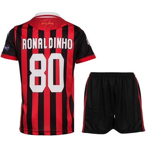KISRAS Milan Ronaldinho Kinder Trikot #80 No Sonderdesign Limitierte Auflage Fußball Trikot Shorts Kinder und Jugend Größe(Heim,176)