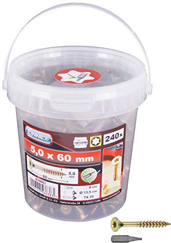 Connex Universalschrauben 5,0 x 60 mm - 240 Stück im Set - Senkkopf - TX-Antrieb - Teilgewinde - Gelb verzinkt - Inkl. Bit / Schrauben-Set / Schrauben-Eimer / B30083