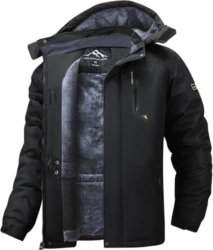 Tansozer Skijacke Herren Winter Wasserdicht Winterjacke Warm Gefüttert Regenjacke Atmungsaktiv Wanderjacke Fleece, Schwarz, 3XL