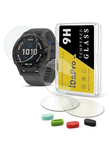 iDaPro Displayschutz Schutzfolie für Garmin fenix 6/6 Pro Multisport GPS watch + 4-teiliger Ladeanschlussschutz 9H Härte Glas Displayschutzfolie Einfache Installation [4 Stück]