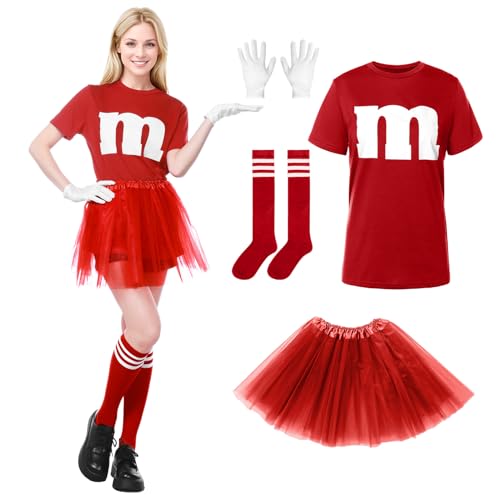 Alaiyaky T-Shirt mit m Aufdruck für Damen, Tüllrock Karneval Gruppenkostüm Damen mit m T-shirt Tutu-Rock und Gestreifte Socken, M Aufdruck Kostüm für Fasching Karneval (Rot, S)
