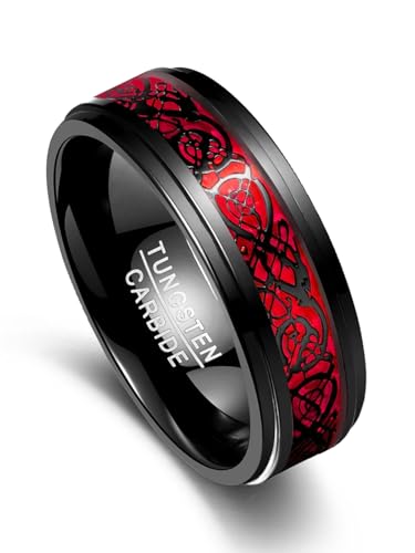 Vakki Herrenring 8mm Schwarz Wolfram Ring Keltische Drachen-Eheringe mit Rotes Opalpapier für Männer Größe 53(16.9)